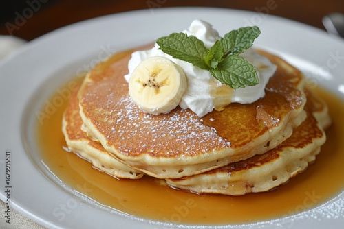 Delicious pancakes with banana whipped cream syrup and mint garnish symbolizing sweet breakfast comfort food and homemade indulgence