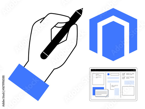 Hand holding stylus for creative work, abstract hexagonal tech shape, digital project dashboard. Ideal for creativity, design, technology, innovation, interface workflow education. Simple flat