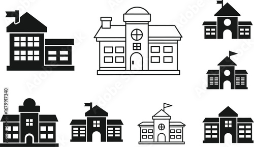 A collection of seven school building icons in black and white with various architectural styles shown