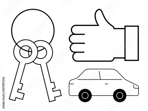 Pair of keys, compact car, and thumbs-up hand gesture emphasizing satisfaction, ownership, and trust. Ideal for car rental, purchase, security, driving school success transportation simple landing