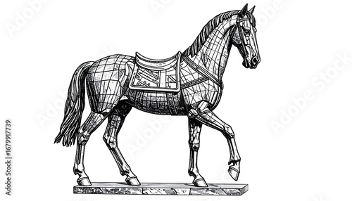 A detailed illustration of a horse, depicted in a style reminiscent of anatomical drawings, showcasing its musculature and armor.