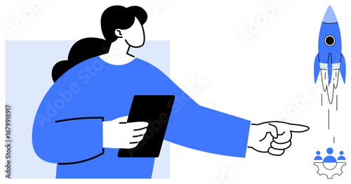 Woman holding tablet pointing at ascending rocket with teamwork icon, symbolizing progress, innovation, and leadership. Ideal for strategy, business growth, teamwork, innovation, planning