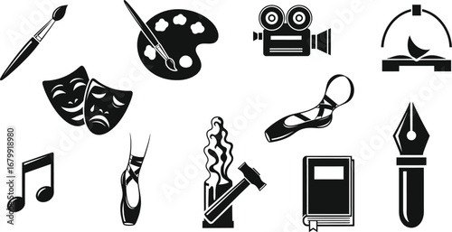 A collection of artistic and creative icons representing various art forms and creative pursuits