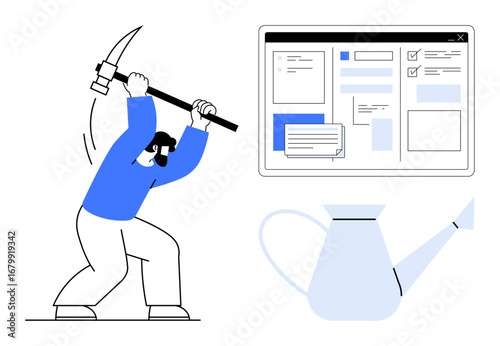 Man with pickaxe swings at the web interface, emphasizing exploration, work, and data mining, paired with a watering can for growth and nurturing. Ideal for technology, research, productivity