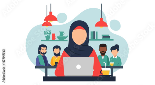 Diverse group of people working and collaborating in a modern co-working space or office, including a woman in a hijab using a laptop. Represents global business and teamwork.