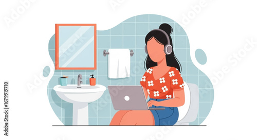 Woman with headphones on laptop, sitting on toilet. Modern remote work, multitasking, privacy, or finding quiet focus at home. Humorous take on work-life balance.