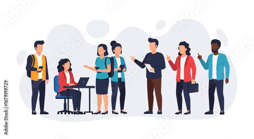 Diverse professionals collaborate and communicate in a modern office, representing teamwork, business concepts, and digital work environment.