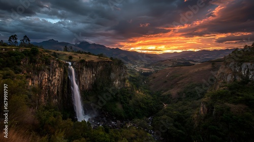 theatrical gloaming above rushing cataract in hollow
