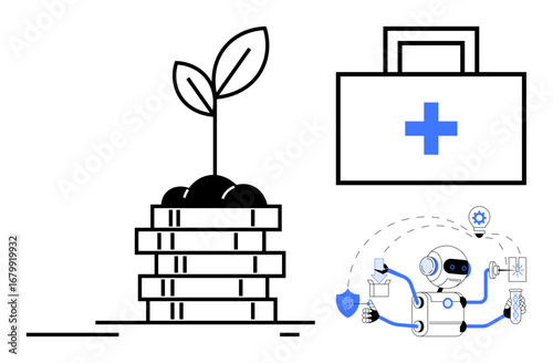 Plant sprouting from coin stack, medical kit with cross, multifunctional robot performing tasks. Ideal for finance, sustainability, healthcare, automation, growth AI innovation. Simple flat