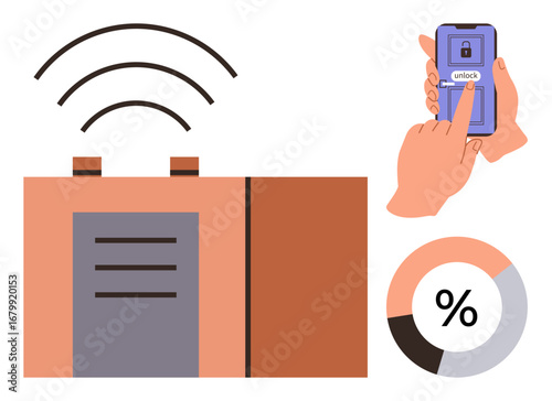 Garage door activated wirelessly via smartphone with unlock interface, complemented by analytics diagram. Ideal for automation, accessibility, convenience, technology, IoT, remote control, modern