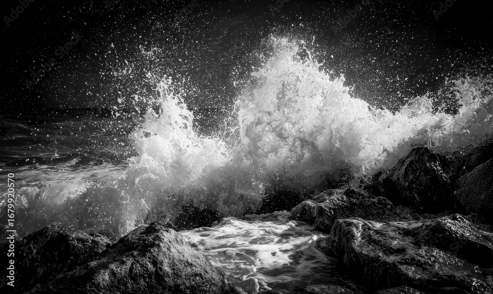 Obraz premium Powerful waves crashing on rocks at night