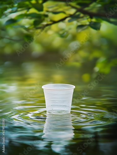 Environmental Awareness: Plastic Cup Pollution in Serene Nature with Reflections and Rippling Water