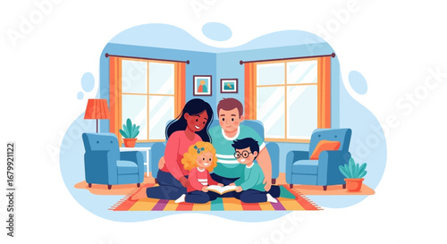 Happy family reading a book together in their cozy living room, symbolizing love, education, and quality time at home.