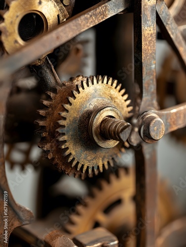 Close-up of Antique Clockwork Mechanism: Vintage Metal Gears, Rusted Parts, and Industrial Steampunk Design