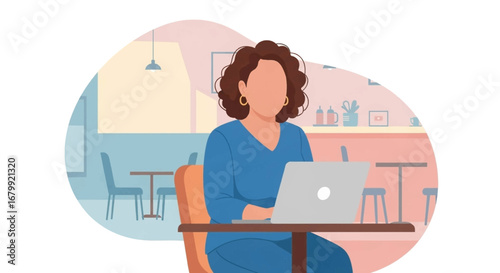 Woman working remotely on laptop at a cafe or co-working space, embodying modern flexible work and digital connectivity. Ideal for business, freelance, and lifestyle concepts.