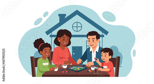 Happy diverse family enjoying quality time playing a board game at home. Parents and children bond through fun and educational activities, fostering togetherness.