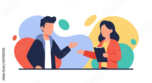Two diverse professionals engage in a focused business meeting or interview, highlighting communication, collaboration, and consultation.