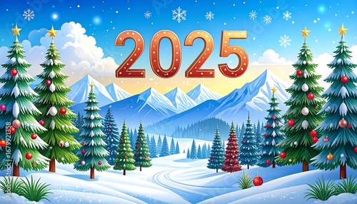 Festive winter scene with snow-covered evergreen trees, the year 2025 displayed prominently against a backdrop of mountains and a vibrant blue sky.