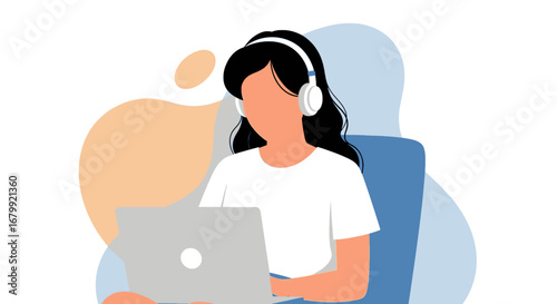 Focused woman wearing headphones works on laptop, ideal for concepts of remote work, online education, or virtual communication in modern business and lifestyle.