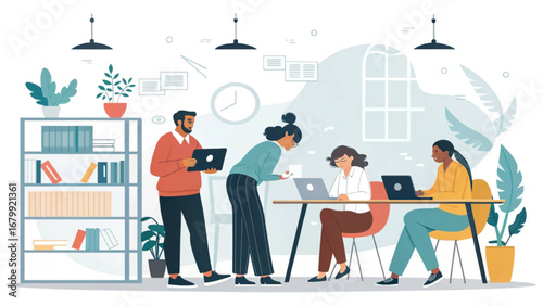 Diverse team of professionals collaborating in a modern, bright office. This illustration represents business productivity, teamwork, and innovation.