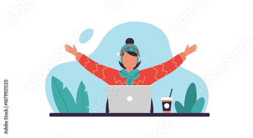 Happy person in winter attire, wearing headphones, celebrating success while working remotely on a laptop. Ideal for concepts of productivity, digital work, or cozy lifestyle.