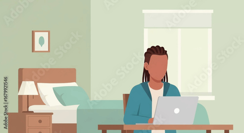 Person working remotely on a laptop in a comfortable home bedroom setting. Ideal for themes of telecommuting, online education, or modern lifestyle.