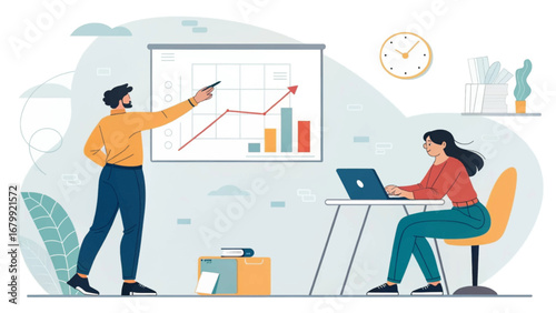 Professionals analyzing data and collaborating in a modern office. Man presents growth chart while woman works on laptop, symbolizing teamwork and business success.