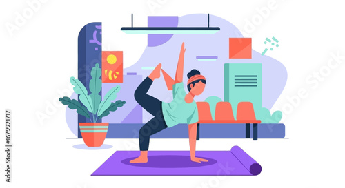 Woman practicing yoga indoors in a balancing pose, promoting health, wellness, and mindful lifestyle. Ideal for fitness and self-care concepts.