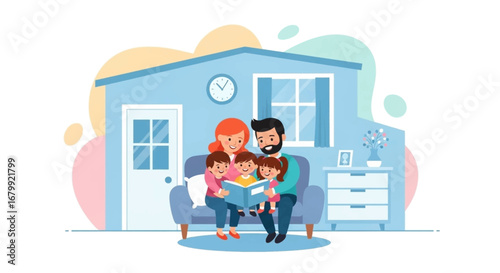 Happy family with parents and three children reading a storybook together on the sofa at home. Illustrates cozy family bonding, education, and domestic lifestyle.