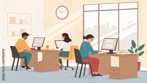 Diverse team of professionals working diligently at their desks in a modern office, emphasizing productivity, collaboration, and a dynamic business environment.