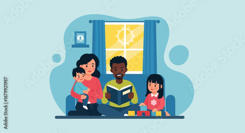 Happy diverse family enjoying quality time at home. Father reads while mother holds baby and daughter plays with blocks, depicting joyful parenting and childhood development.