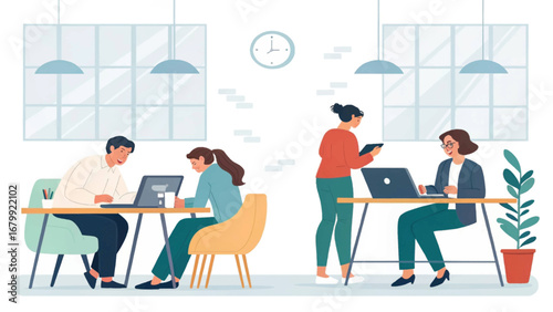 Diverse business team collaborating and working diligently in a bright, modern office environment. Depicts productivity, innovation, and a dynamic corporate setting.