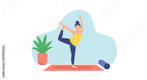 Woman practicing a balancing yoga pose indoors with a plant and mat, symbolizing wellness, fitness, and a healthy lifestyle. Perfect for health and exercise themes.