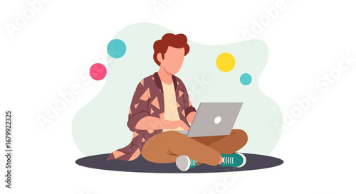 Young person casually working on a laptop, sitting cross-legged. Represents remote work, online learning, creativity, or digital lifestyle, ideal for business, education, and technology themes.