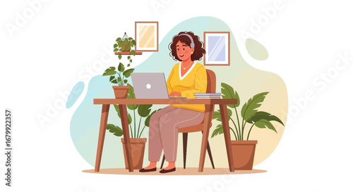 Happy woman in headphones working remotely on a laptop at her comfortable home desk, representing online learning, virtual meetings, or flexible work.