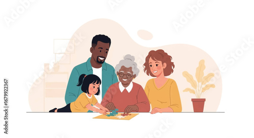Joyful multi-generational family (grandparent, parents, child) connecting while solving a jigsaw puzzle at home. Represents family bonding, shared activities, and intergenerational support.