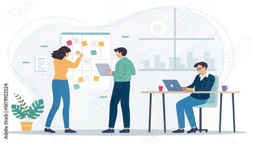 Business professionals collaborating in a modern office. A team brainstorms on a whiteboard, while a colleague works on a laptop, illustrating teamwork, planning, and productivity.