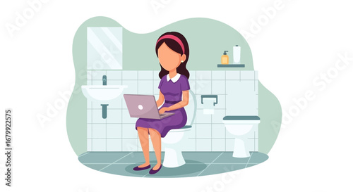 A focused woman works on her laptop while sitting on a toilet in a clean bathroom, depicting remote work, multitasking, or extreme productivity.