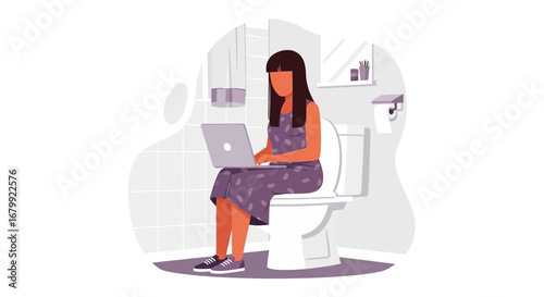 Woman working on a laptop while sitting on a toilet in a bathroom. Represents extreme multitasking, remote work, or the demands of a busy digital lifestyle.