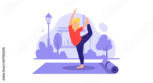 Woman practicing yoga outdoors in a park, performing a balancing pose on a mat. Illustrates wellness, fitness, and a healthy lifestyle.