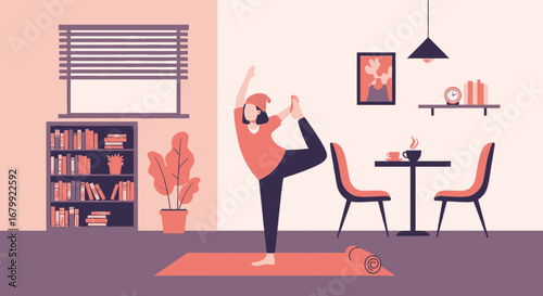 Person practicing balancing yoga pose at home, surrounded by modern decor. Perfect for themes of wellness, mindful living, and home fitness.