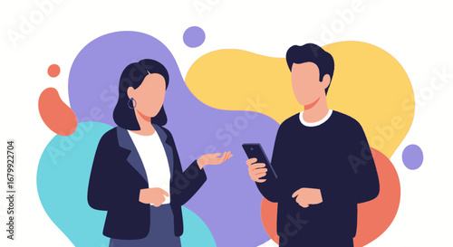 Two professionals in a modern flat design discussing information, with one holding a smartphone. Represents digital communication, business interaction, or technology demonstration.