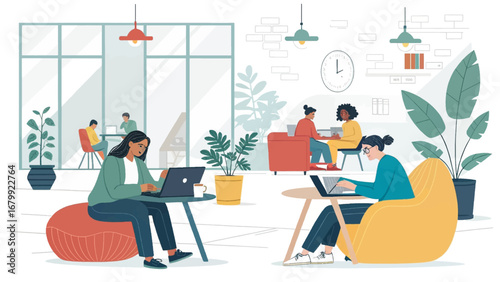 Diverse professionals collaborating and working productively in a modern, flexible office environment. Ideal for showcasing teamwork, innovation, and contemporary business lifestyle.