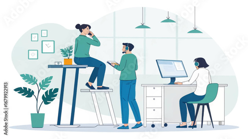 Team members collaborate in a modern office, engaged in communication and digital work. Represents business, customer support, and workplace efficiency.
