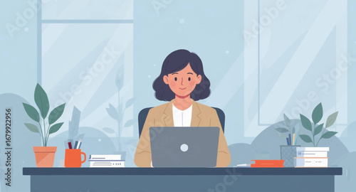 Professional woman smiling while working on a laptop at her desk in a modern office, representing productivity, remote work, and business success.