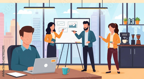 Diverse business team collaborating in a modern office, presenting data on a whiteboard while a colleague works on a laptop. Perfect for teamwork and corporate productivity concepts.