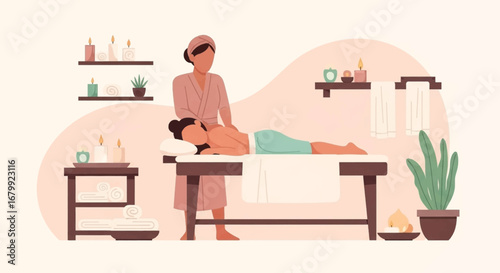 A professional masseuse gives a relaxing back massage to a client in a serene spa setting with candles and plants, symbolizing wellness and self-care.