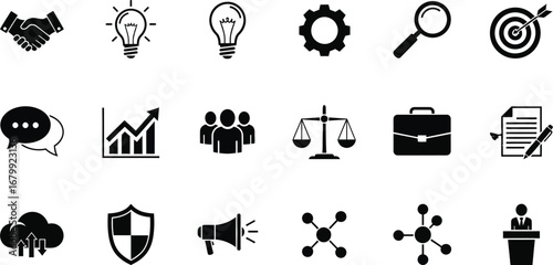 Collection of business and strategy icons representing various aspects of corporate operations and planning