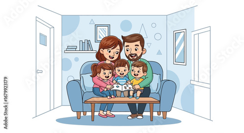 Joyful family of five reading a storybook together on a living room sofa, showcasing happy domestic life, education, and childhood.