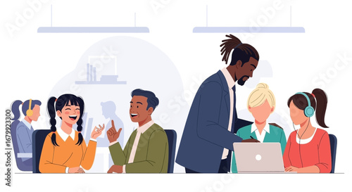 Diverse team collaborating in a vibrant office environment, showcasing teamwork, effective communication, and customer support for business success.
